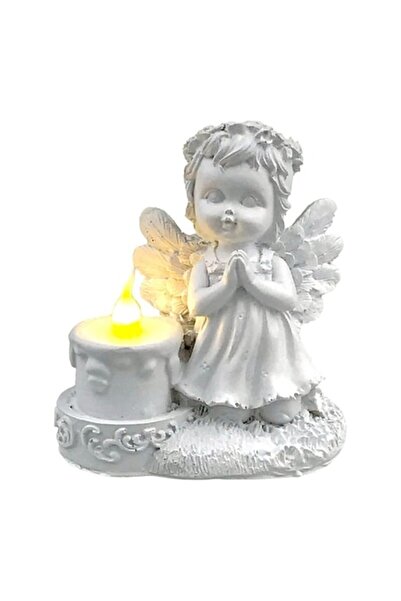 OEM Decoratiune îngeraș în rugăciune cu lumânare, 9x10 cm, rășină, alb
