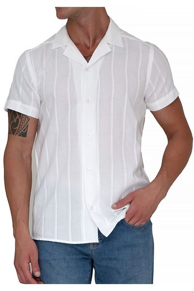 Exve Exclusive Cămașă casual cu mânecă scurtă, oversize, din in natural, cu dungi, hawaiană