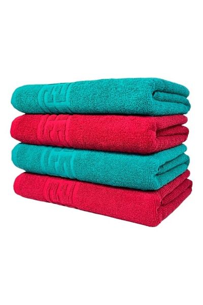 OEM Set 4 bath towels, Cotton, Bicolor, Greek Border, 500g/m², 70x140cm, Red-Dark Green