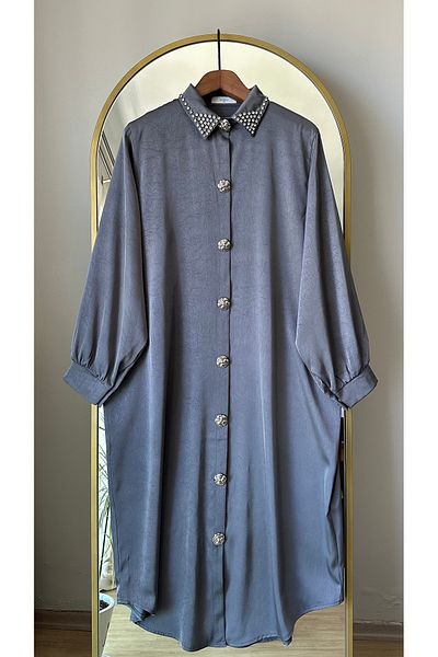 AFAG TEKSTİL Wide Fit Long Shirt with Stone Detail on the Collar