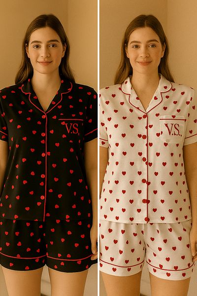 FENZO Women's Heart Cotton Viscose Shorts Pajamas Set Short Sleeve Top Short Shorts Casual Homewear