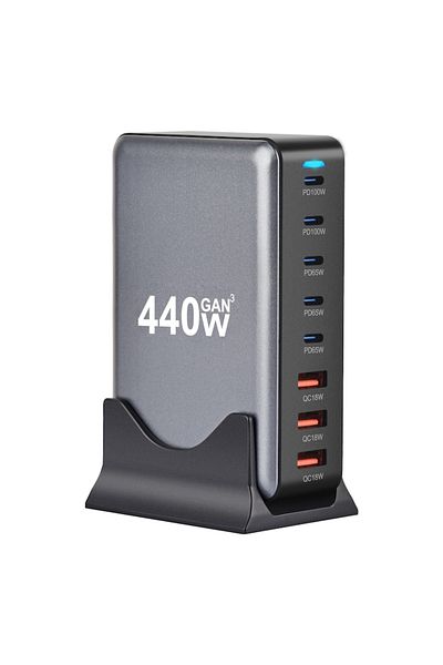 rikbo 440W GaN3 8-Port Charging Station PD 3.0, QC3.0, USB Type-C for Smartphone, MacBook Pro, Laptop, iPa