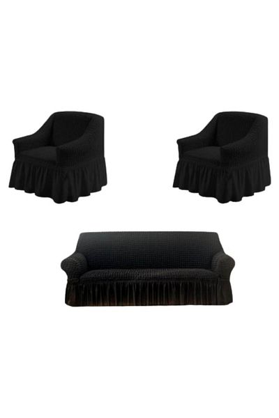 OEM Set 3 Huse, 2 fotolii si canapea 3 locuri, Creponat cu Volanase, Poliester cu Licra, Negru