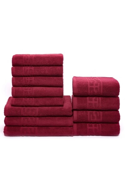 OEM Set 12 bathroom towels, Cotton, Greek Border, 500g/m², Bordeaux