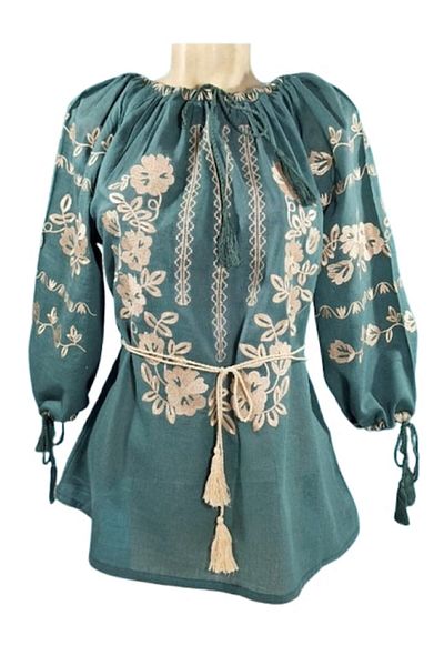OEM Bluză de damă - bumbac bej brodat, design tradițional, mânecă 3/4, verde, mărimea 3XL