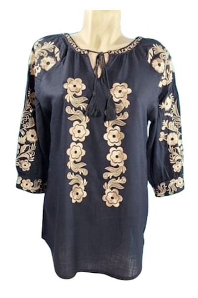 OEM Ie Dama, Maneca 3/4, Bumbac, Model Traditional, Broderie Bej, Negru, Marime 3XL
