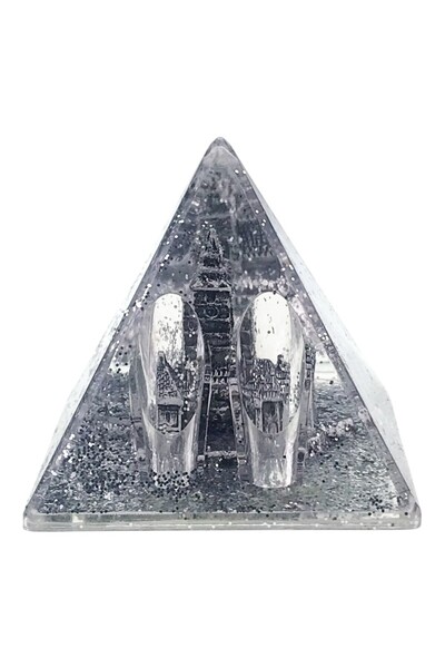 OEM Decoratiune in forma de piramida cu Sibiu si sclipici, 8x8 cm, argintiu