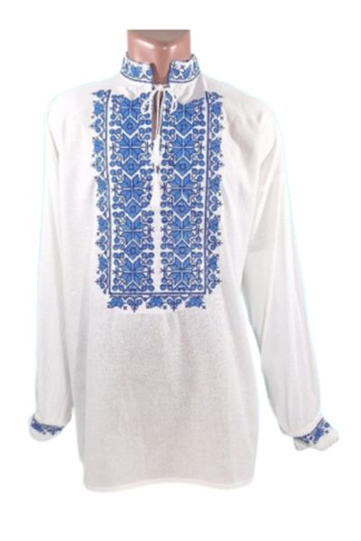 OEM Cămașă tradițională românească bărbătească, model tunică, broderie albastră, mânecă lungă, bumbac, mărimea XL