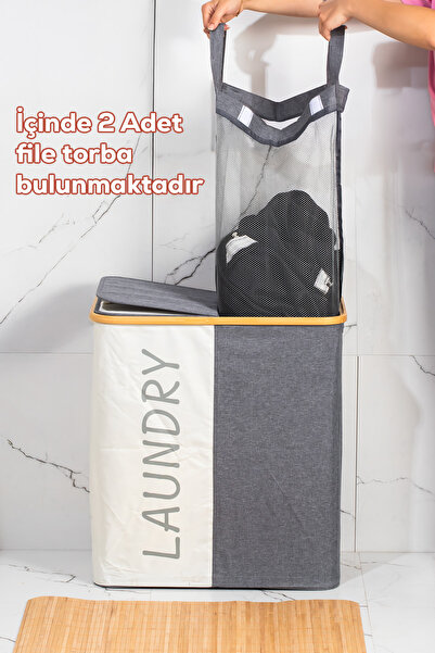 Porsima Mio-103 Bambu 2 Bölmeli Banyo Kirli Çamaşır Sepeti Banyo Düzenleyici ...