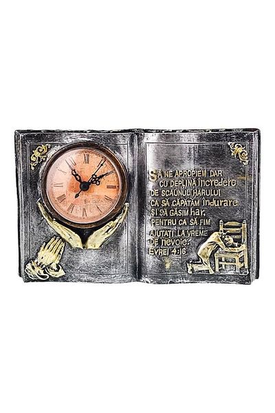 OEM Decoratiune din rasina in forma de carte cu ceas si citat religios, 24x14 cm, argintiu