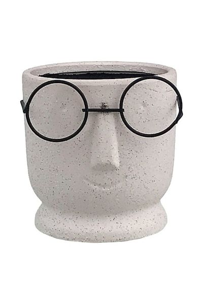 OEM Ghiveci ceramic în formă de față umană cu ochelari de sârmă, 12x12 cm, alb-negru