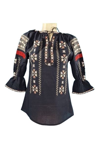 OEM Ie Dama, Bumbac, Broderie Multicolor, Model Traditional, Maneca 3/4, Negru, Marime L