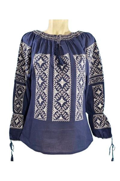 OEM Bluză de damă, mânecă lungă, bumbac, model tradițional, broderie bej/bleumarin, mărimea M