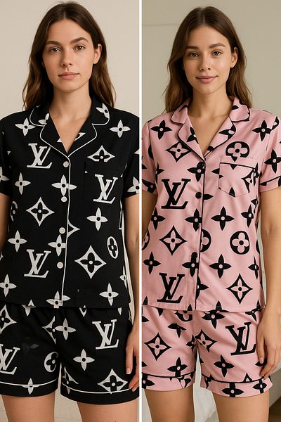 FENZO Women's 2-Piece Short Sleeve Shorts Set Cotton Viscose Printed Buttoned Piping Detail