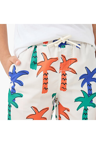 Juniors Palm Tree Print Swim Shorts with Pockets and Drawstring Closure