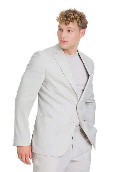 Hatemoğlu Bej Slim Fit Mono Yaka Keten Takım Elbise