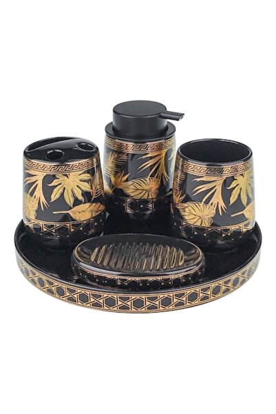 OEM Set 5 accesorii de baie, model Lux, Ceramica, 25x14cm, Negru-Auriu