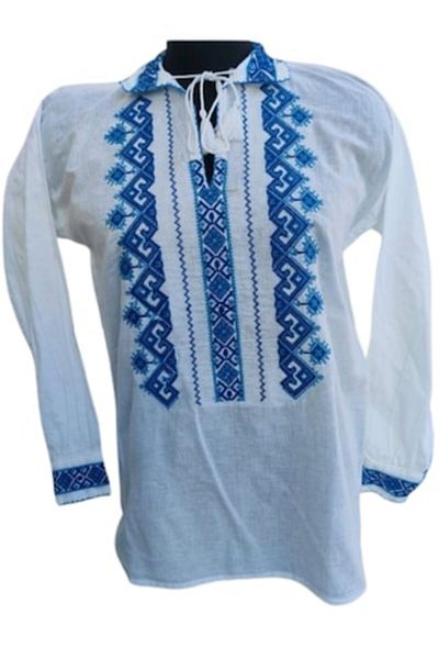 OEM Bluză tradițională bărbătească, bumbac, broderie albastru deschis, mărimea S