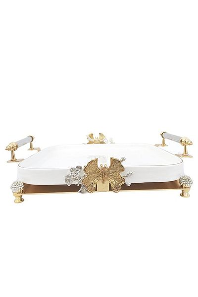 OEM Platou ceramic pe suport metalic cu mânere și decor cu fluturi, 28x7 cm