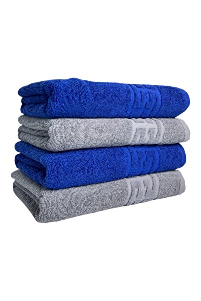 OEM Set de 4 prosoape de baie, bumbac, bicolor, bordură grecească, 500g/m², 70x140cm, albastru marin-gri
