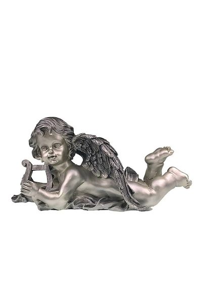 OEM Decoratiune din rasina, Inger cu Harpa, 39x20cm, Gri Argintiu