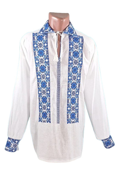 OEM Traditional Men's Blouse, Long Sleeve, Cotton, Embroidery Navy Blue-Blue, Size 2XL