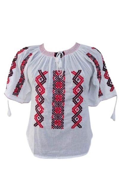 OEM Women's blouse with traditional model, short sleeve, cotton, black-red embroidery, size M