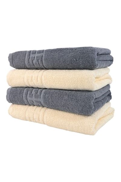 OEM Set 4 Hand Towels, Cotton, Bicolored, Greek Border, 500g/m², 30x50cm, Gray-Ivory