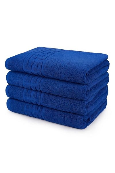 OEM Set 4 bath towels, Cotton, Plain, Greek Border, 500g/m², 70x140cm, Navy Blue