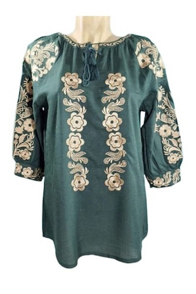 OEM Women's Traditional Blouse, 3/4 Sleeve, Cotton, Beige and Emerald Green Embroidery, Size 3XL