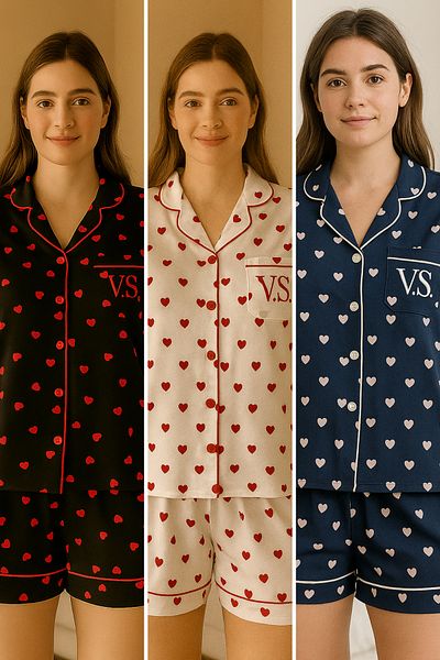 FENZO Women's Heart Cotton Viscose Shorts Pajamas Set Short Sleeve Top Short Shorts Casual Homewear