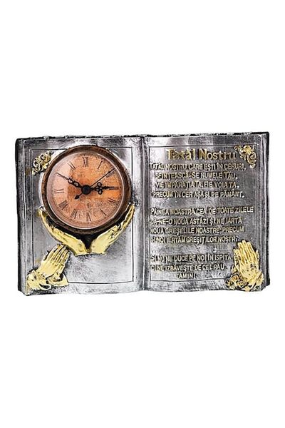 OEM Decoratiune din rasina in forma de carte cu ceas si 'Tatal Nostru', 24x14 cm, argintiu