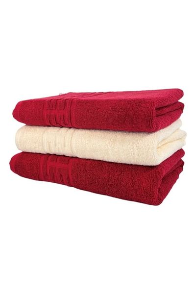 OEM Set 3 bath towels, Cotton, Bicolor, Greek Border, 500g/m², 70x140cm, Red-Ivory