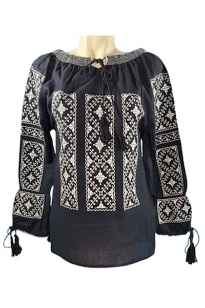 OEM Women's Long Sleeve Traditional Embroidered Blouse, Beige, Black, Size XL