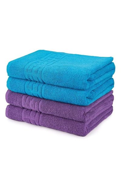 OEM Set 4 prosoape de baie, Bumbac, Bicolor, Bordura Greceasca, 500g/m², 70x140cm, Turcoaz-Mov