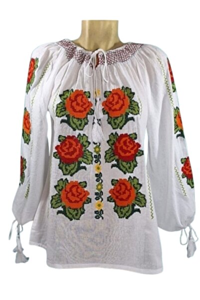 OEM Women's Traditional Blouse with Rose Embroidery, Cotton, Long Sleeve, Size S