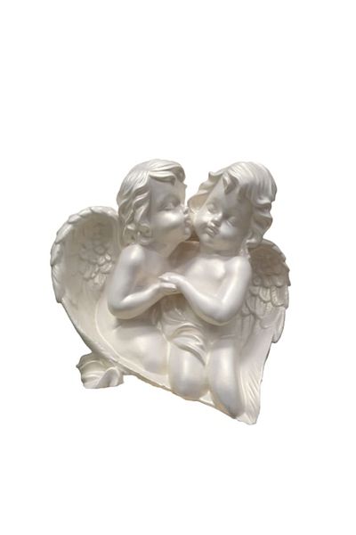 OEM Decoratiune din rasina Ingerasi frati, 28cm, alb perlat