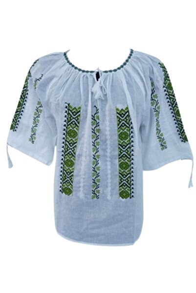 OEM Bluza tip ie dama, Model Traditional, Maneca Scurta, Bumbac, Broderie Negru-Verde, Marime XL