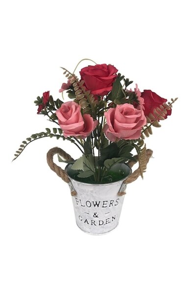 OEM Ghiveci metalic în formă de găleată cu mânere și bujori artificiali, M6,1...