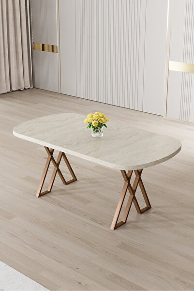 Canisa Jolin Serisi Mdf 90x168 Traverten Masa Takımı 6 Krem Ahşap Kaplama Metal Sandalye