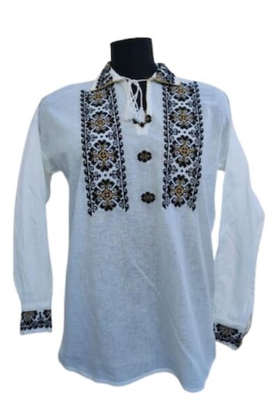 OEM Παραδοσιακό ανδρικό Βαμβάκι πουκάμισο με μαύρο μπεζ κέντημα, μέγεθος M