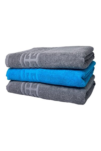 OEM Set 3 hand towels, Cotton, Bicolor, Greek Border, 500g/m², 30x50cm, Gray-Turquoise