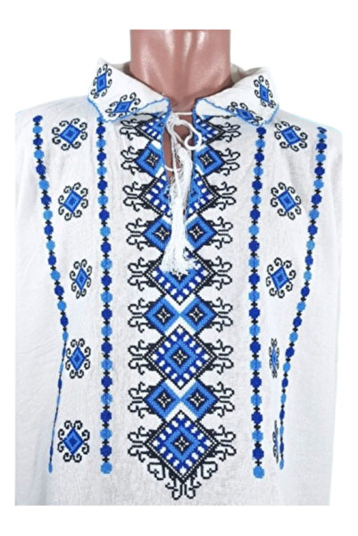 OEM Traditional Men's Blouse with Long Sleeves, Black-Blue Embroidery, Cotton, Size 2XL