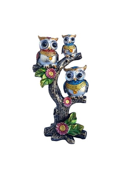 OEM Decoratiune din rasina reprezentand trei bufnite pe o creanga cu flori, 10x18 cm