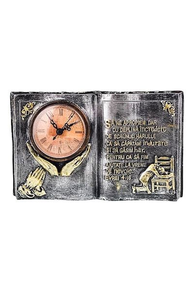 OEM Decoratiune din rasina in forma de carte cu ceas si citat religios, 24x14 cm, argintiu