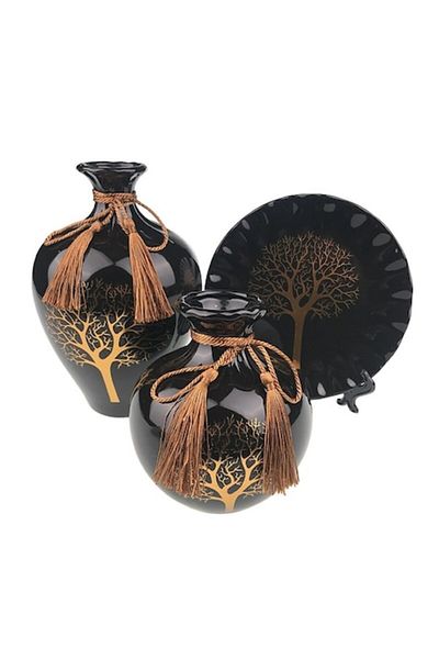 OEM Set din ceramica format din doua vaze de dimensiuni diferite si farfurie decorativa, cu flori desena