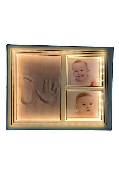 OEM Ramă foto dublă din plastic, cu LED-uri și secțiune pentru bebeluși și amprente de mână, albastră, M1, 25x20 cm