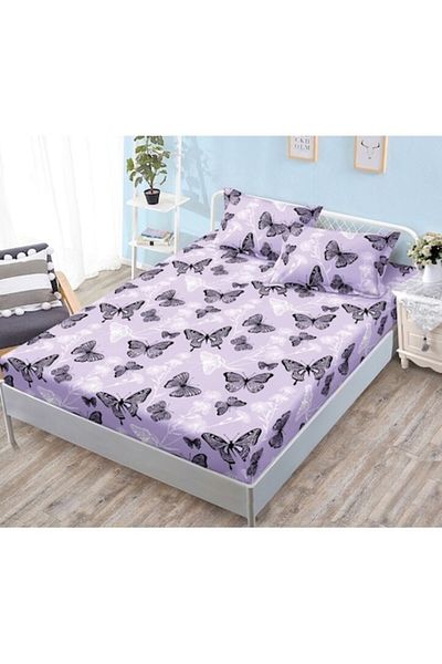OEM Elastic Bed Sheet Set, 3 Pieces, Satin Cotton, 180x200cm, Butterfly Print, Multicolor
