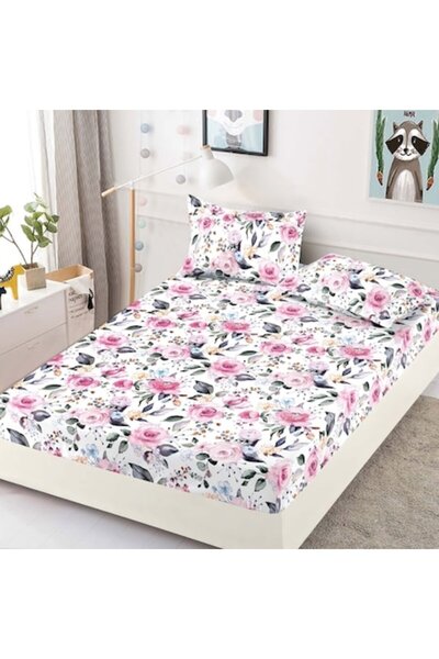 JOJO HOME Husa de pat dublu, cu elastic, Jojo Home, Finet, 3 piese, 2 persoane, Trandafiri, 180x200cm, Multico
