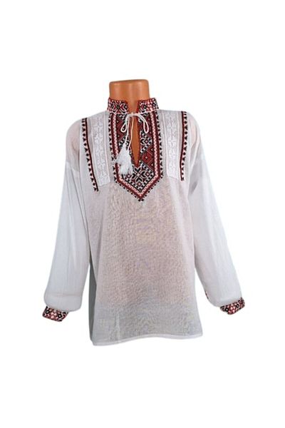 OEM National Blouse for Boys, Cotton, White with Geometric Embroidery, Red, 12 Years